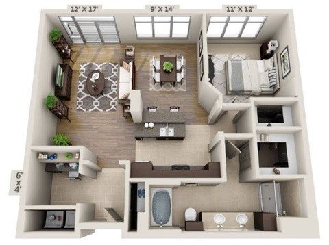 Floor plan for 1 bed, 1 bath, 1020 sqft